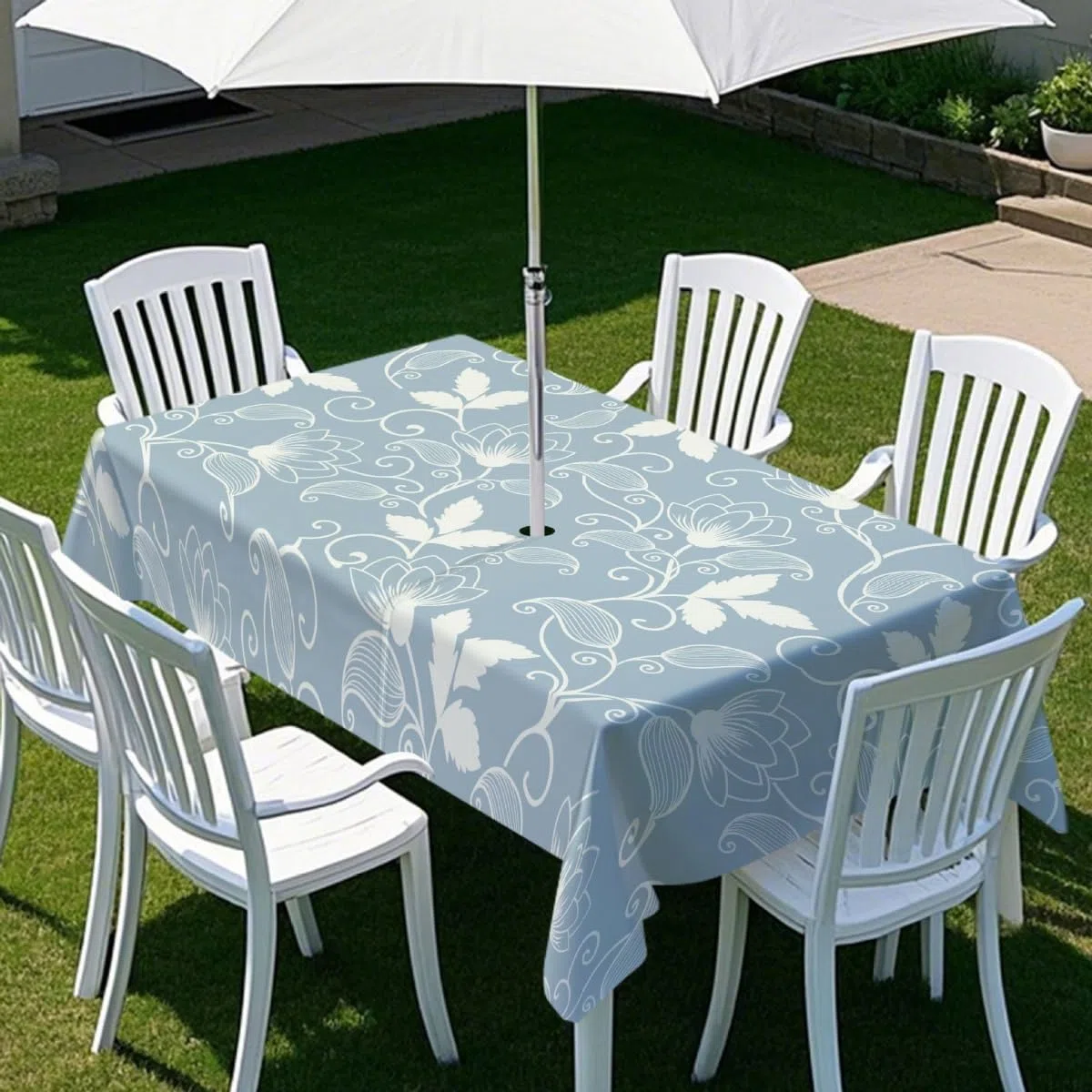 Chickwin Mantel Rectangular Impermeable Exterior con Agujero para Sombrilla y Cremallera, con Estampado Floral 3D, Anti-Manchas Lavable para Mesas de Jardín, Patio, BBQ (Azul Claro,210x150cm)