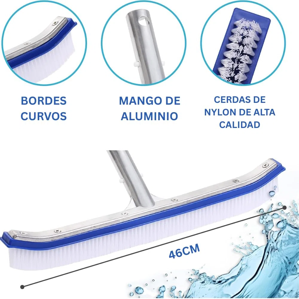 Cepillo Piscina de Aluminio 46 cm – Cabezal Cepillo Limpieza Profesional para Paredes, Suelos y Baldosas, Cerdas Resistentes, Compatible con Pértigas Estándar, Alta Eficiencia