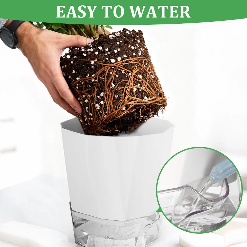 3 Piezas Maceta de Riego Automático, 18CM Macetas de Plástico para Plantas de Interior, Redonda, con Orificios de Drenaje y Bandeja, Maceta de Agua Autorriego para Interiores, Blanco/M