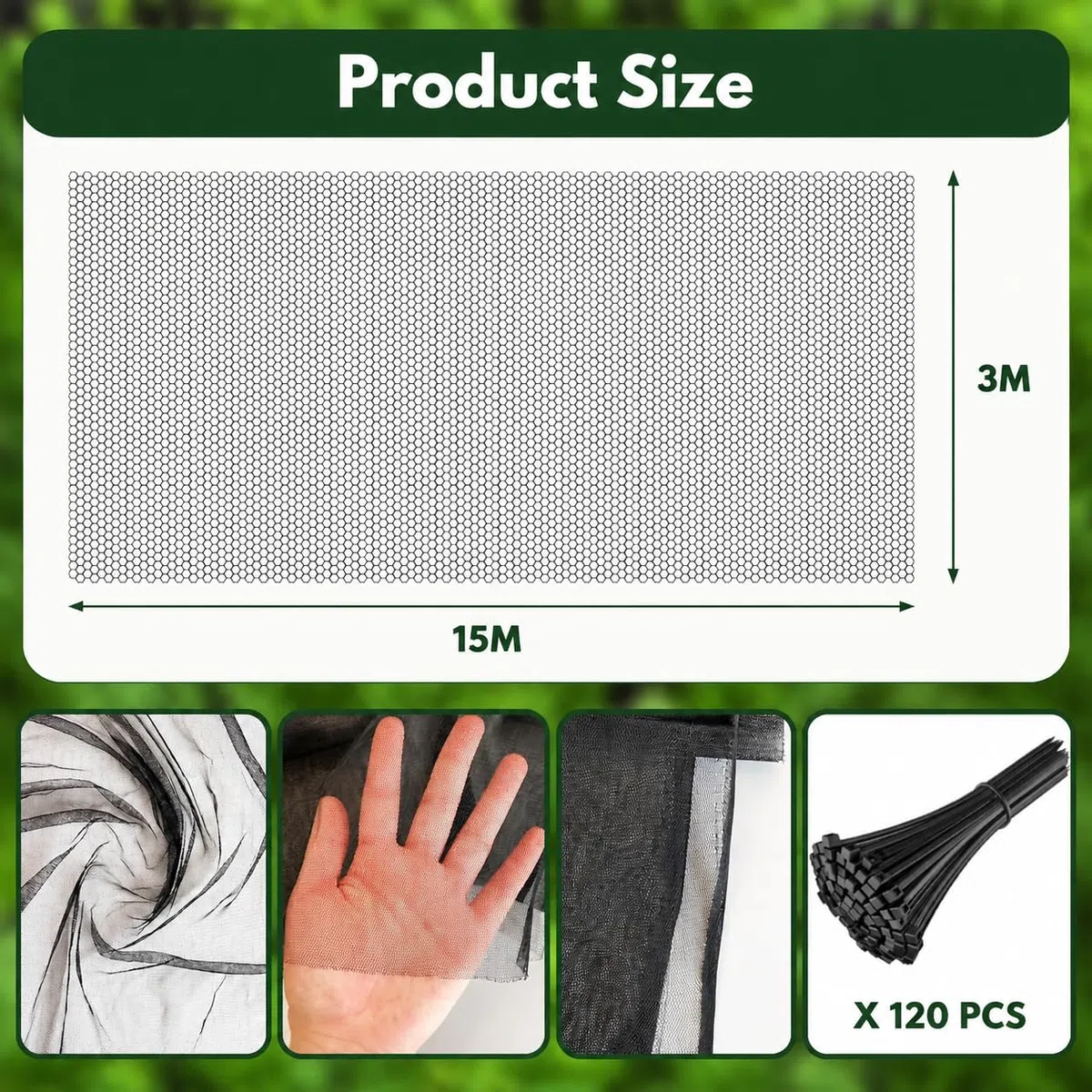 Mosquitera para Exteriores 15 x 3 m, Malla para Huerto de Poliéster con 120 Bridas, Red Protectora Vegetales para Proteger Verduras y Frutas, Protección Eficaz contra Insectos y Parásitos
