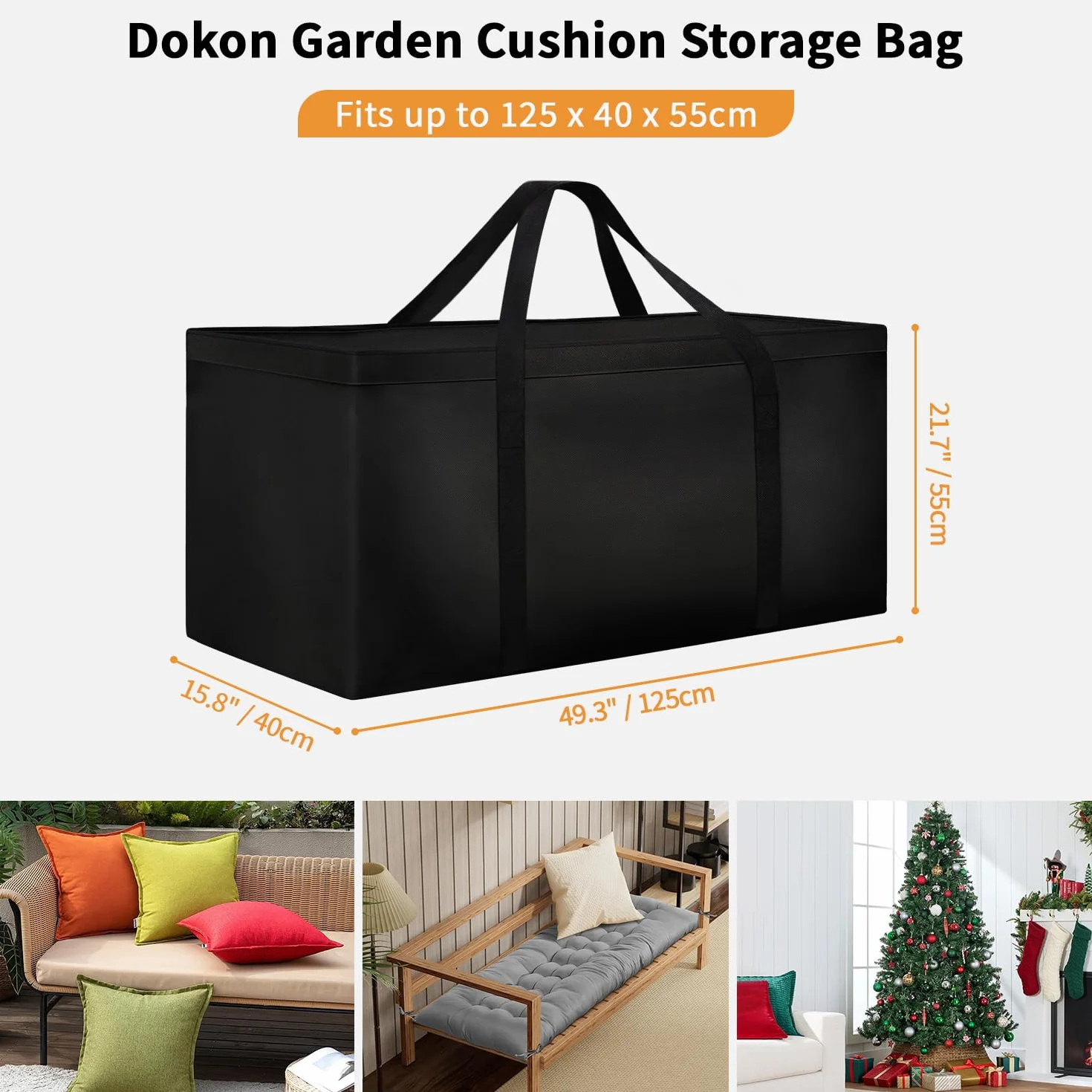 Dokon Bolsa Almacenamiento Cojines Jardín Impermeable Bolsa de Almacenamiento para árbol de Navidad Anti-UV Tela Oxford Resistente Funda de Cojín para Exterior (125x40x55cm) - Negro