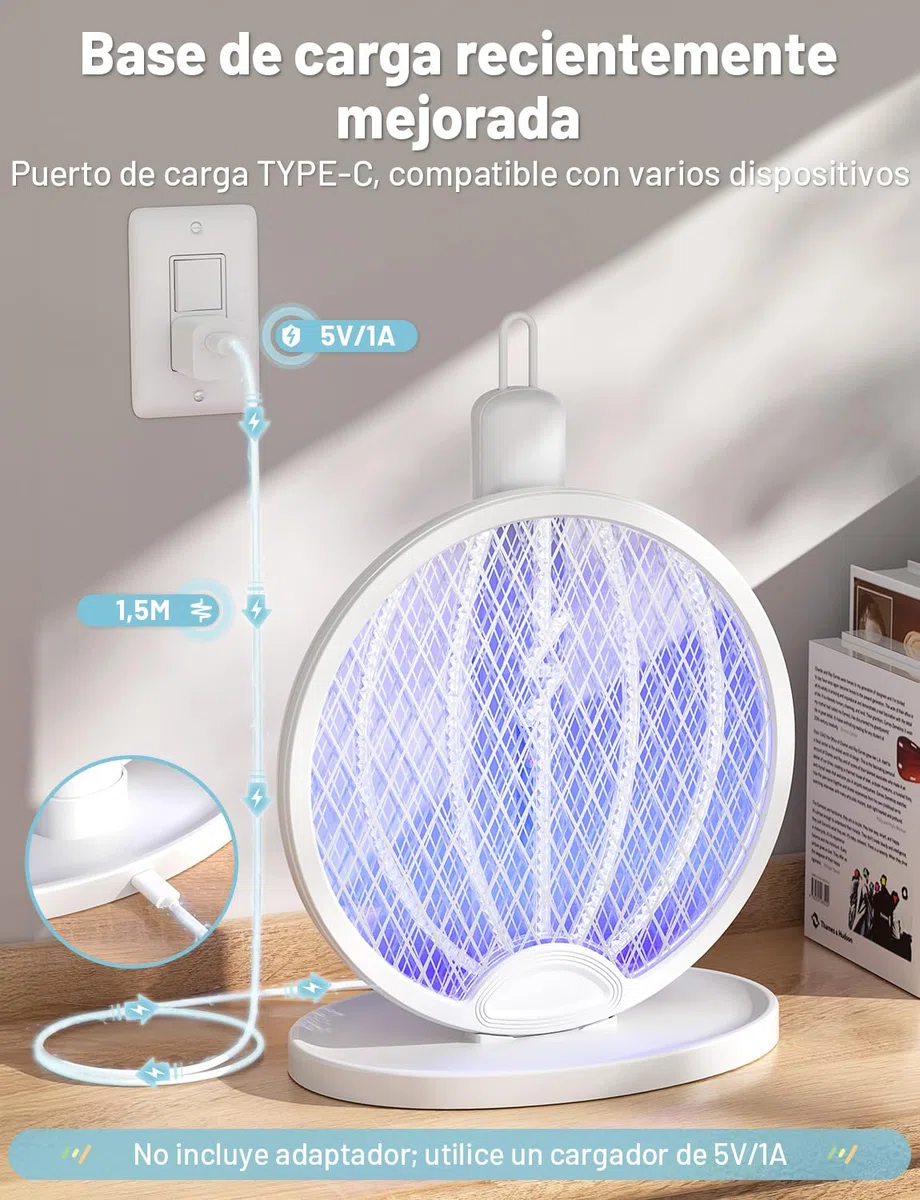 YISSVIC Raqueta Mosquitos Electrica Mata Mosquitos Electrico Plegable 3 en 1 4000V 1800mAh con Base Recargable USB-C Matamoscas Electrico de Luz UV para Mata Mosquitos, Polillas y Hormigas Voladoras