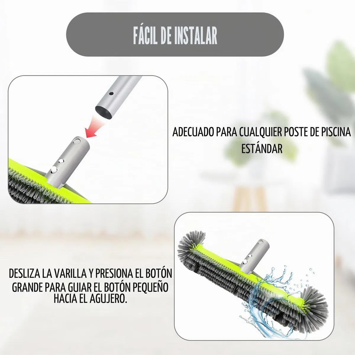 Cepillo de piscina MplehDa con extremos redondos, cepillo de piscina para limpiar paredes de piscina, piscina de láminas, baldosa y suelo, con cerdas de nailon y mango de aluminio gris