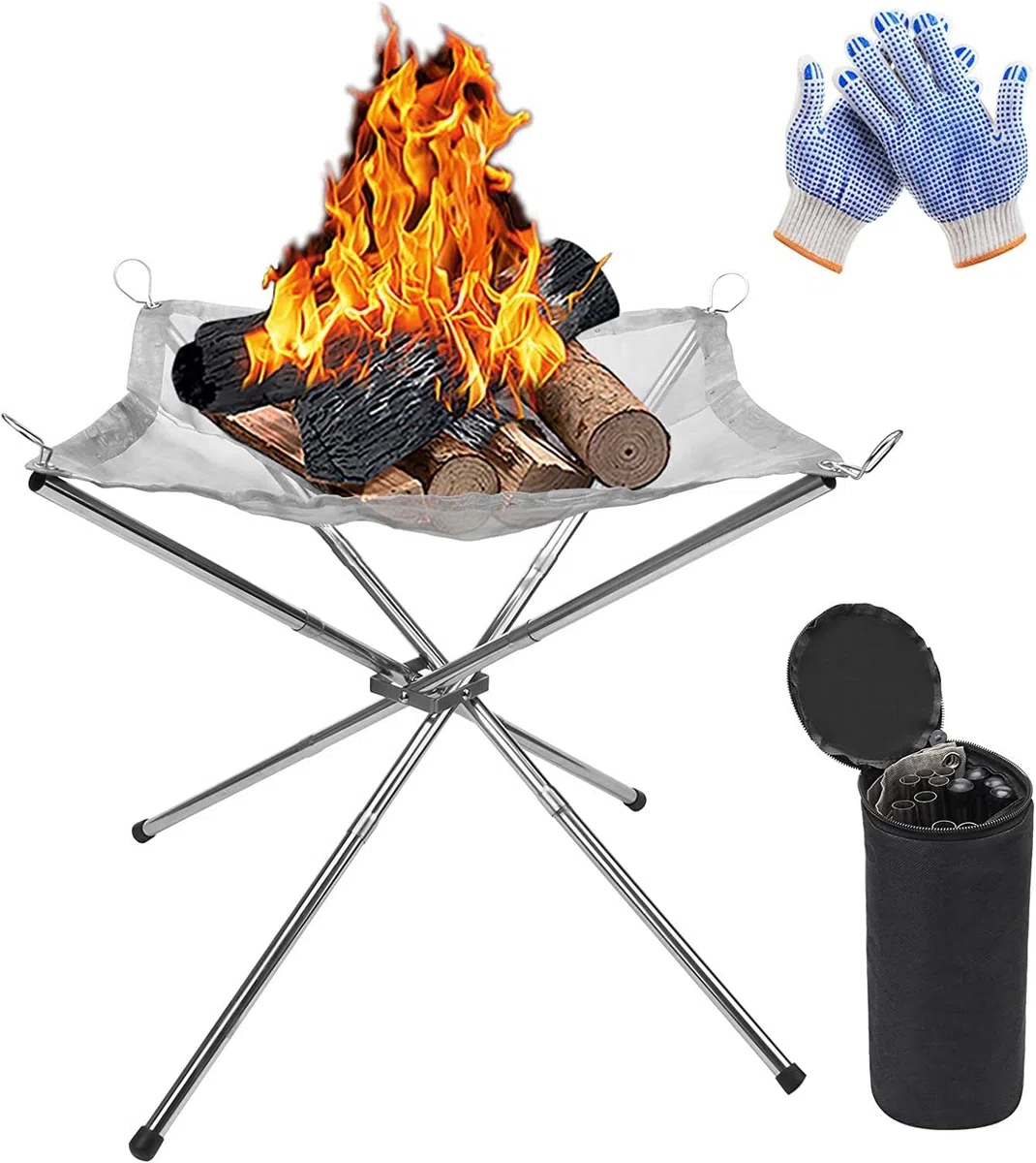 KAHEIGN Pozo de Fuego Portátil Libre, 42CM Plegable Malla de Acero Inoxidable Chimenea de Pozo de Fuego Barbacoa Cuenco de Fuego para Camping Picnic Hoguera - con Guantes Resistentes Calor y Bolsa