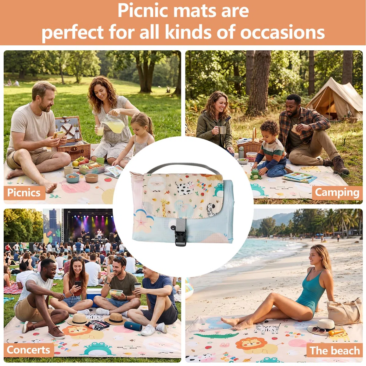Hossom Manta de Picnic Impermeable, 150x210 cm Ligero y Compacto Alfombra Camping con Asa, Esterilla Playa, Manta Plegable Portátil para Camping, Parque, Jardín, Playa, Lavable a Máquina