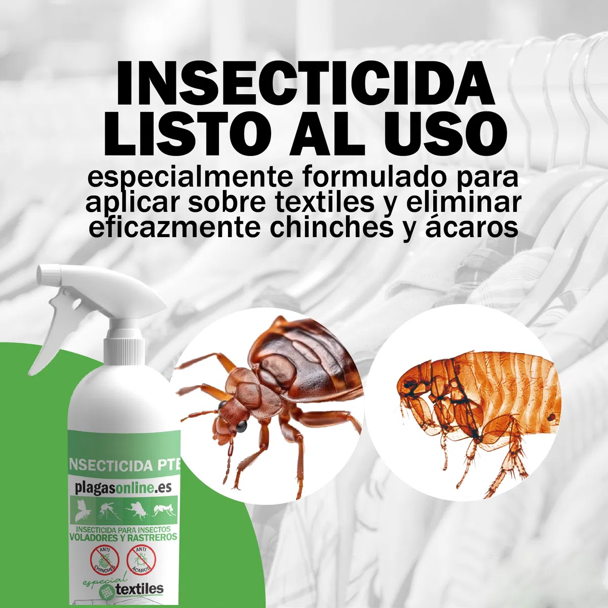 PERMETRINA Spray Insecticida Anti Chinches y Antiácaros para textiles 1L | Repele y Mata Cucarachas, Hormigas e insectos voladores | No mancha y No deja olor | Interiores y Exteriores