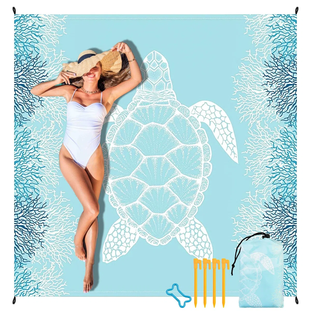 Manta de Playa 200 x 200cm, Manta para Pícnic con 4 Estacas, Gancho y Bolsa de Almacenamiento, Alfombra de Playa Impermeable y Antiarena, Portátil para Playa, Camping, Picnic (Tortuga-A)
