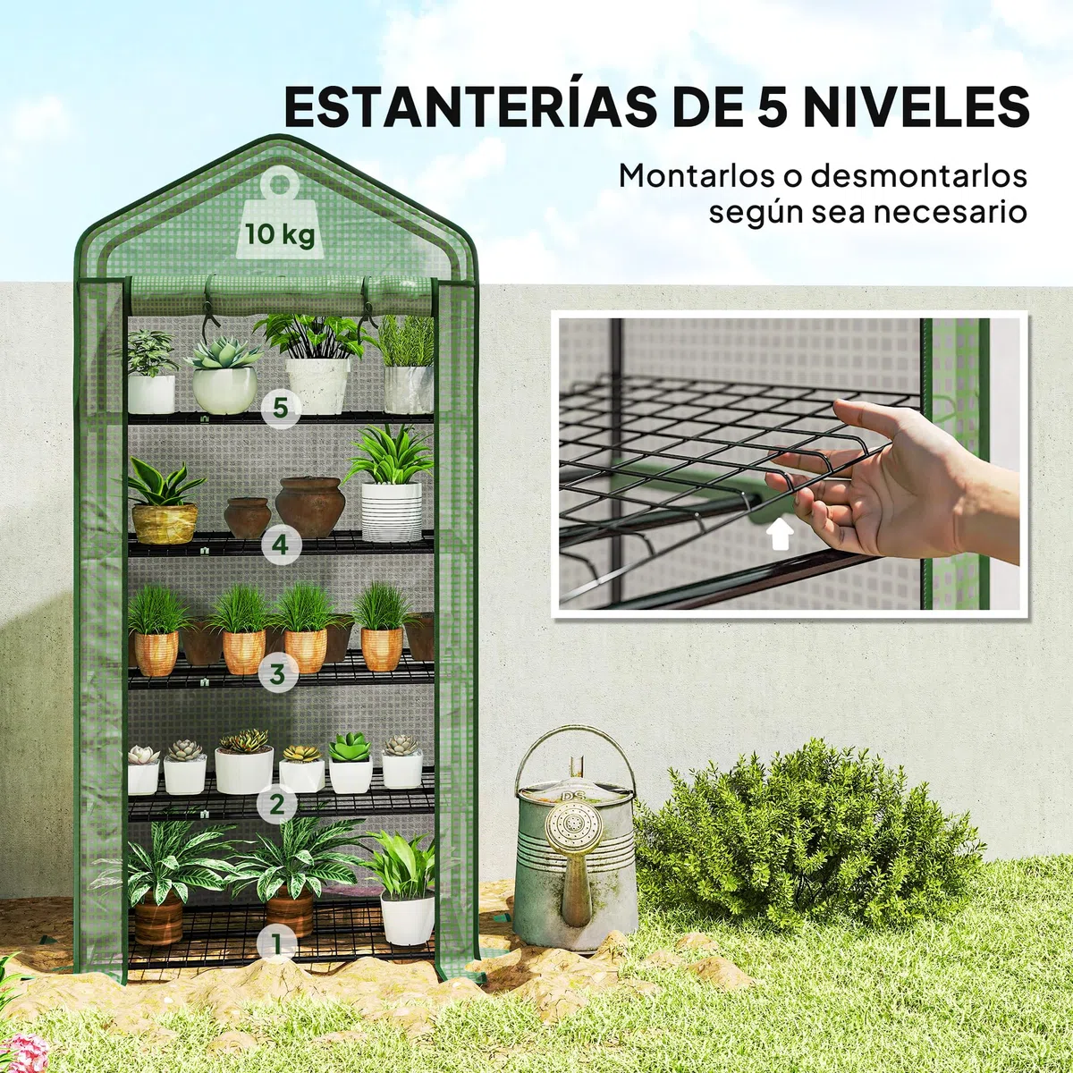 Outsunny Invernadero de Jardín de 5 Niveles Invernadero Pequeño Exterior con Puerta Enrollable con Cremallera Anti-UV Diseño Ensanchado y Estantes para Cultivo de Plantas Flores 90x49x193cm Verde