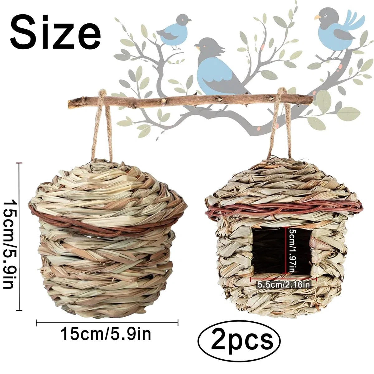 2 Piezas Nido de Pájaros Tejidas a Mano para Exterior, Casita de Paja para Colibríes, Gorriones y Otras Aves Pequeñas
