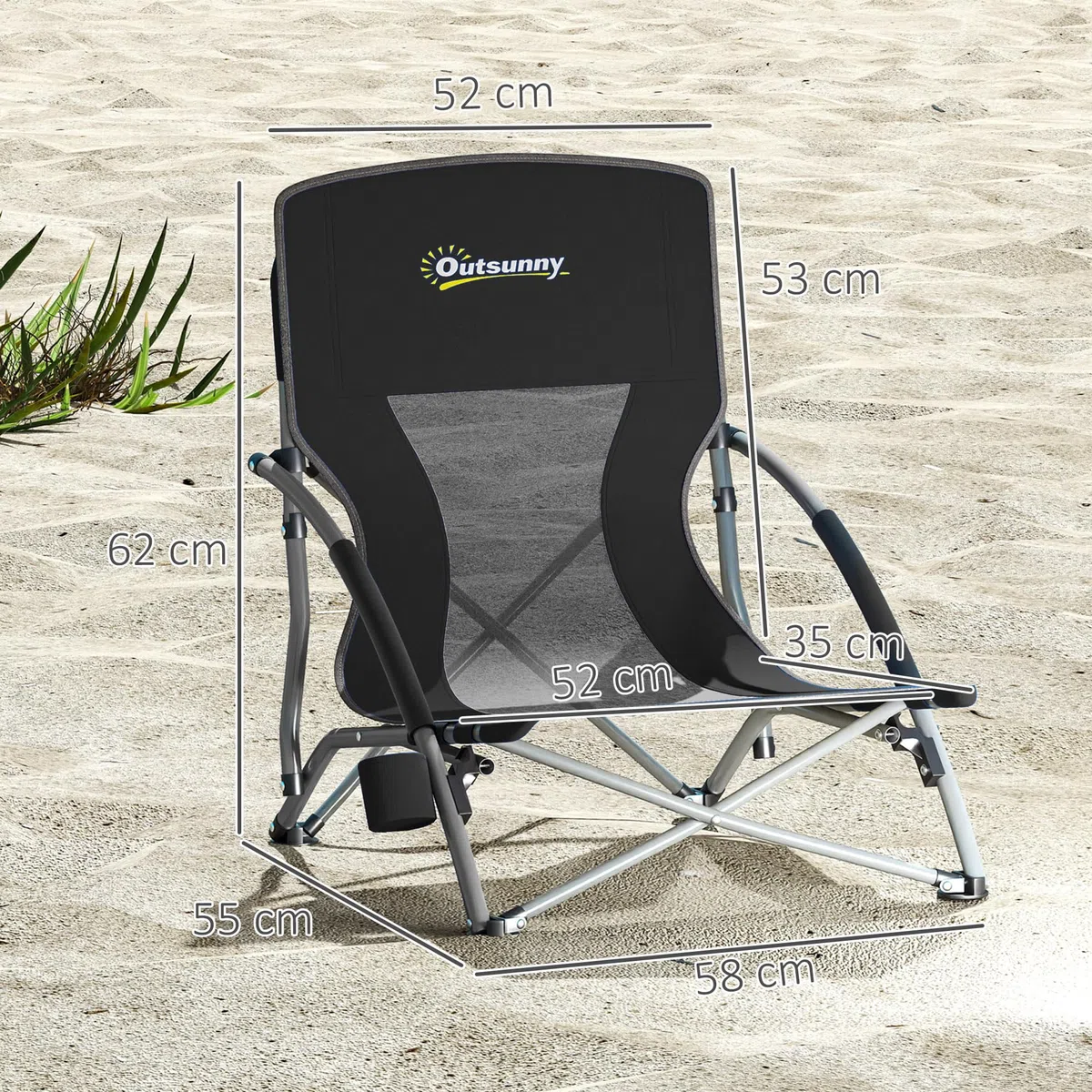 Outsunny Pack de 2 Sillas de Playa Plegables Ligeras Sillas de Camping Portátiles Bajas con Respaldo de Malla Tela Oxford 600D Portavasos Reposabrazos Bolsa para Acampada Carga 120 kg Negro