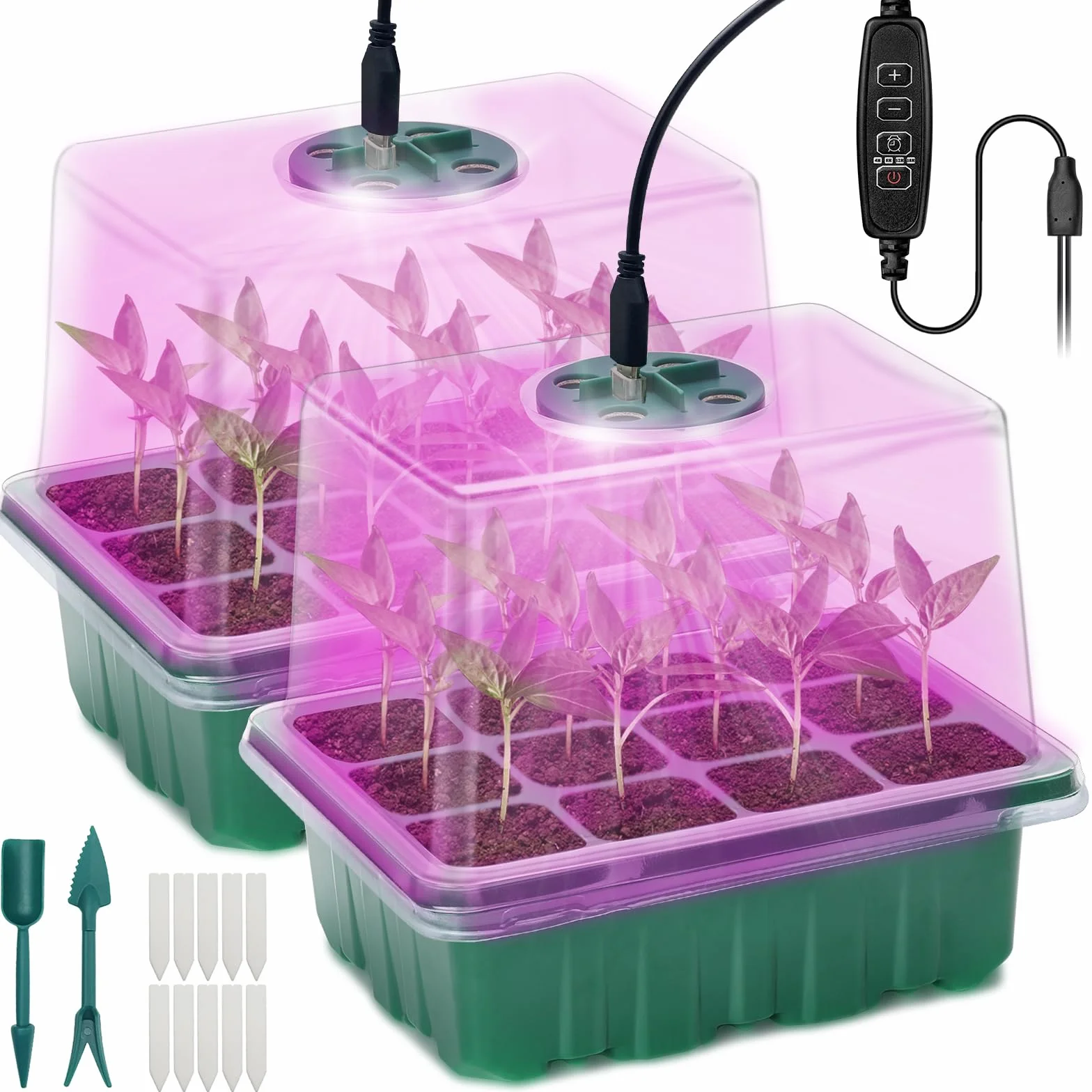 2 Pcs Bandejas Semilleros con Lámpara Germinacion Plántulas, Bandeja Germinar de Germinación para Invernaderos,Invernadero Bandejas de Cultivo Germinación con Cúpula y Base para Plantas en Crecimiento