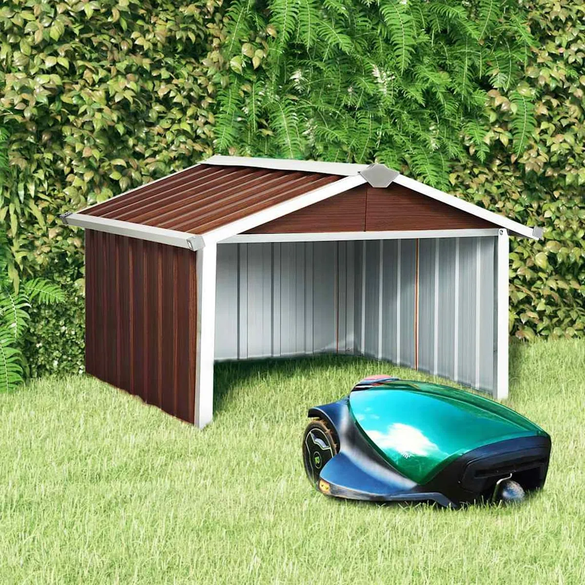 Gecheer Garage -Garaje para Robot Cortacésped Cobertizo para cortacésped Acero galvanizado marrón 92x97x63 cm,Caseta de Jardín Metal Cobertizo Jardin Exterior Cobertizos de Almacenamiento