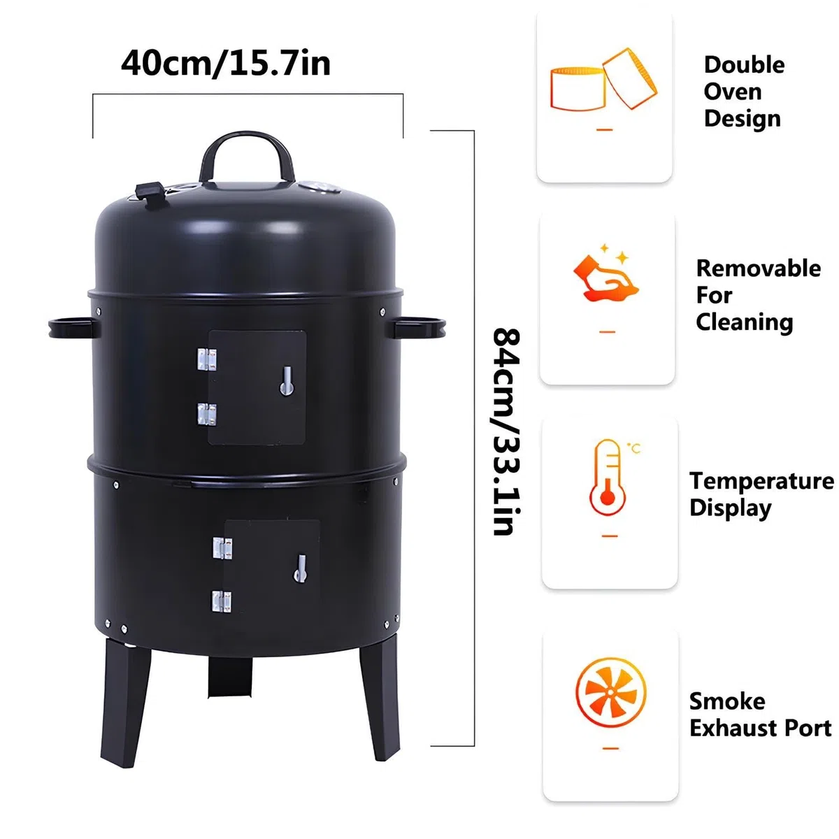 Ahumador Vertical De Carbón, Barbacoa De Carbón Redonda 3 En 1, Parrilla De Carbón Portátil De Acero con Dos Zonas De Cocción Y Termómetro para Camping Y Picnic