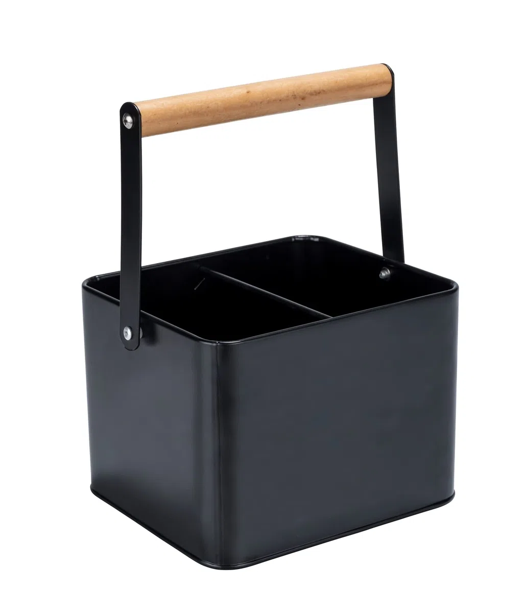 WENKO Cesta de utensilios Baco, accesorio Black Outdoor Kitchen, cesta de transporte robusta fabricada de metal negro recubierto de polvo y asa de madera flexible, ideal para salsas, 18 x 25,5 x 15 cm