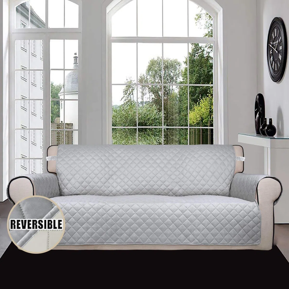 Easy-Going Funda Reversible sofá de 4 plazas, Resistente al Agua, con Tubos de Espuma y Correas elásticas, Protector de Muebles para Mascotas, niños, Perros, Gatos (XX-Grande, Gris Claro/Marfil)