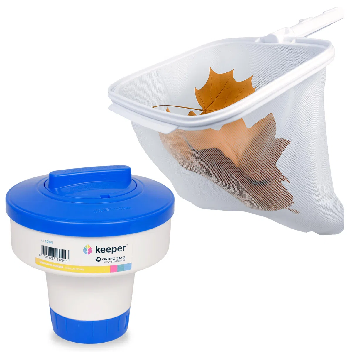 Keeper Kit Recoge Hojas para Piscina + Dosificador de Cloro. Recoje Hojas con Fijación Palomilla y Bolsa Grande. Red para Piscinas. Dispensador de Cloro Flotante. Capacidad plastillas 200g