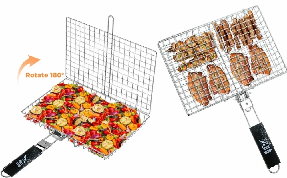Cesta de Cocción de Acero Inoxidable para Barbacoa, Parrilla Plegable Portátil con Asa Extraíble, Malla Antiadherente para Pescado, Verduras, Gambas