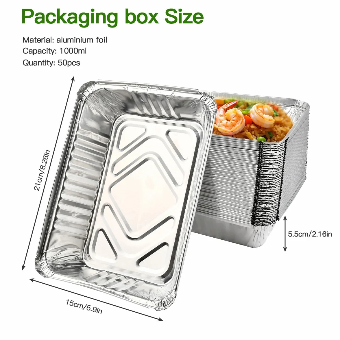 50 Bandejas Barbacoa, 1000ml Bandejas Aluminio Desechables, Moldes para Hornear de Papel de Aluminio Rectangulares, Bandeja de Horno de Aluminio para Servir Comida en Fiestas
