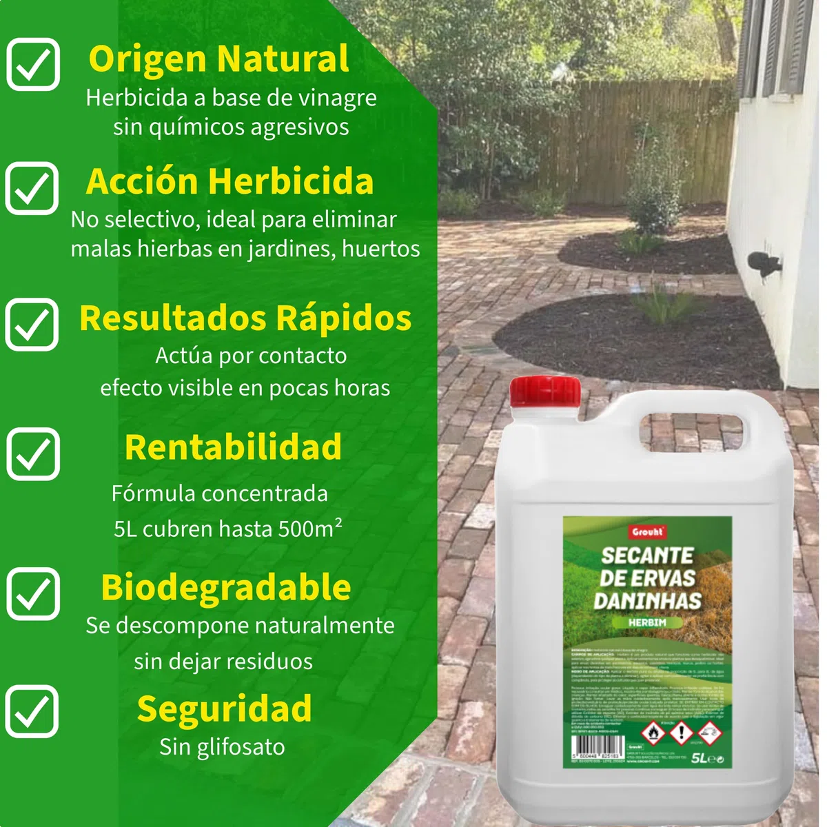 HERBIM 5L - Potente Herbicida Natural Con Vinagre Elimina Eficazmente Malas Hierbas en Jardines y Huertos, con Cobertura de Hasta 500m² | Aplicación Sencilla
