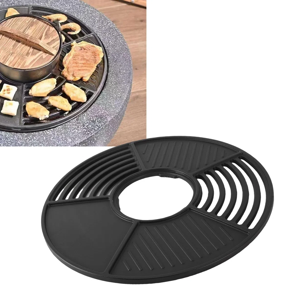 Generic Parrilla Redonda De Hierro Fundido De 42 Cm, Parrillas De Cocina Combo De Plancha Parrilla De Carbón Antiadherente Placa De Sartén Para Barbacoa Reemplazo Para Picnics Para Acampar Al Aire