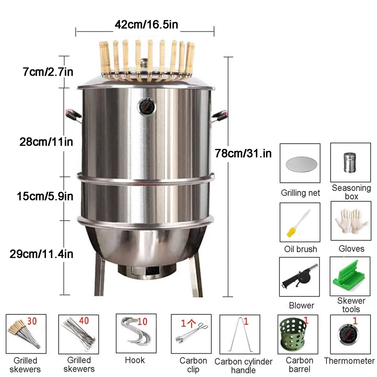 Parrilla vertical para ahumar carbón con termómetro, barbacoa sin humo, barril desmontable para barbacoa, separación de aceite y carbón