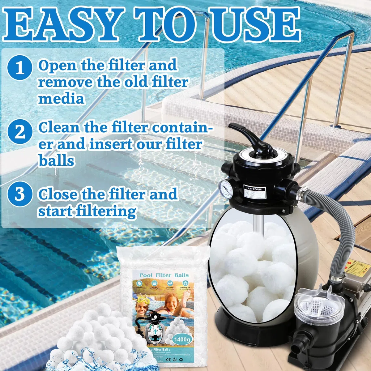 1400g Bolas Filtro Piscina, Bolas Depuradora Piscina, Bolas de Filtro de Piscina, Reemplaza 50 kg de Arena de Filtro, para Instalaciones de Filtro de Arena, Piscina, Acuarios