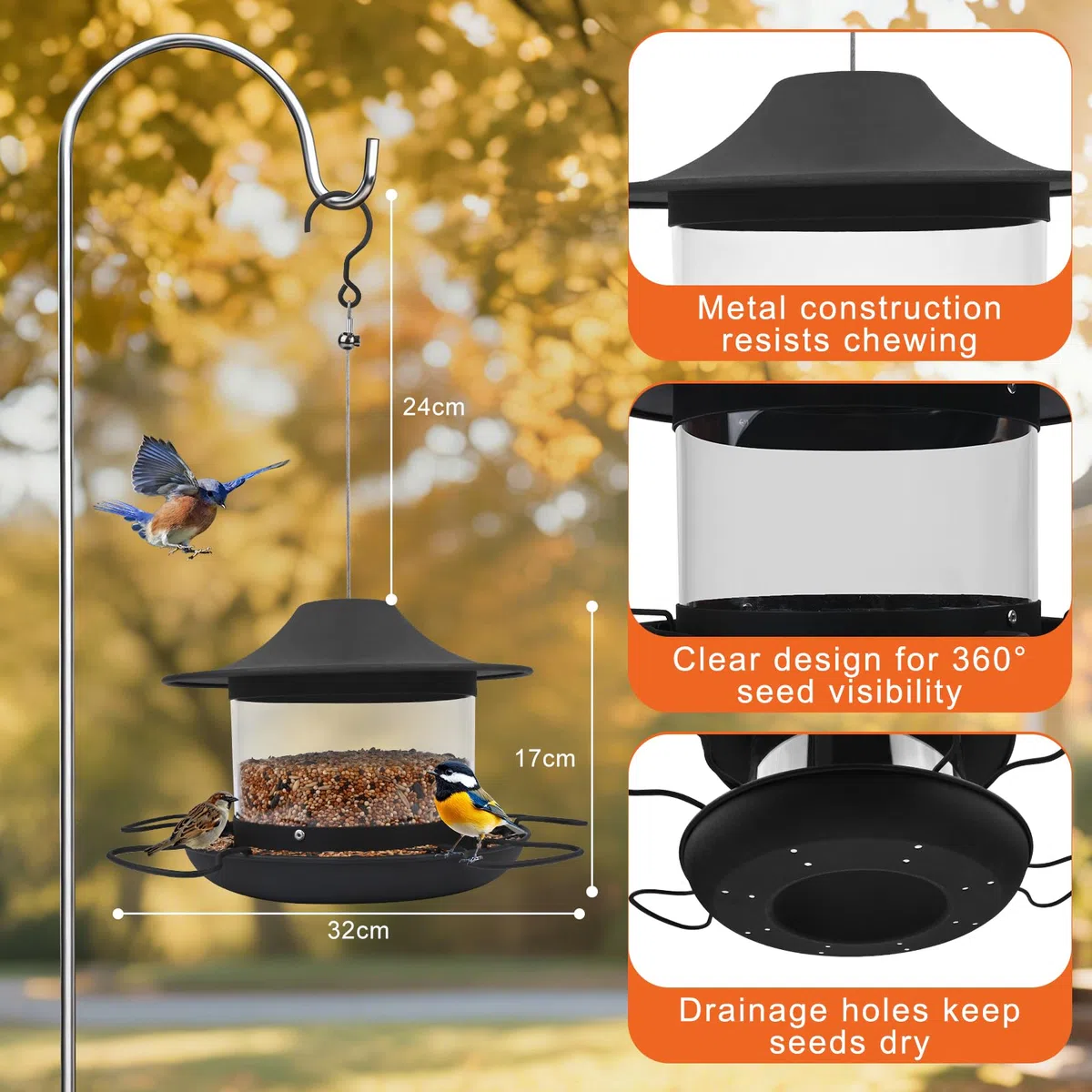 Comedero Pajaros Exterior, 1800ml Comedero para Pájaros Salvajes Colgante, Comederos para Pajaros, Prueba de la Intemperie, para Jardines, Parques, Balcones, Gris