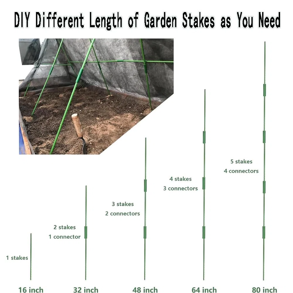 30x Soportes para plantas, ayuda para trepadoras, tubo de acero recubierto de plástico inoxidable de 40 cm Ø11 mm, con 20 conectores y 30 clips multifuncionales, soporte para plantas, para guisantes