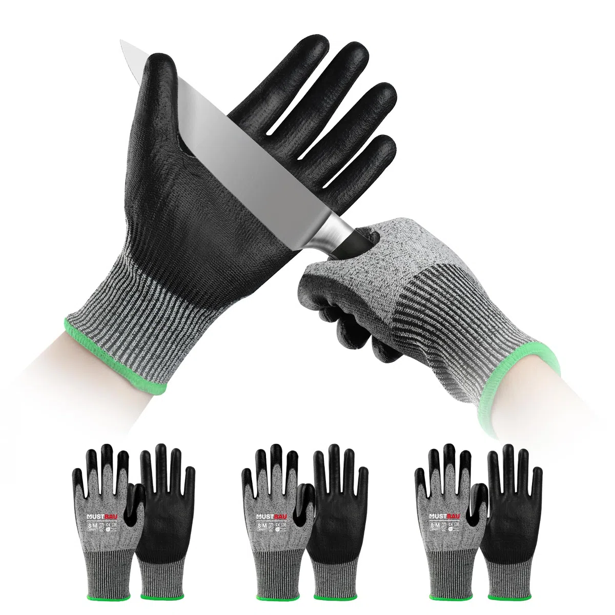 Guantes de protección contra cortes nivel 3 para cocina, jardín y obras, talla S, 3 pares (3, M)