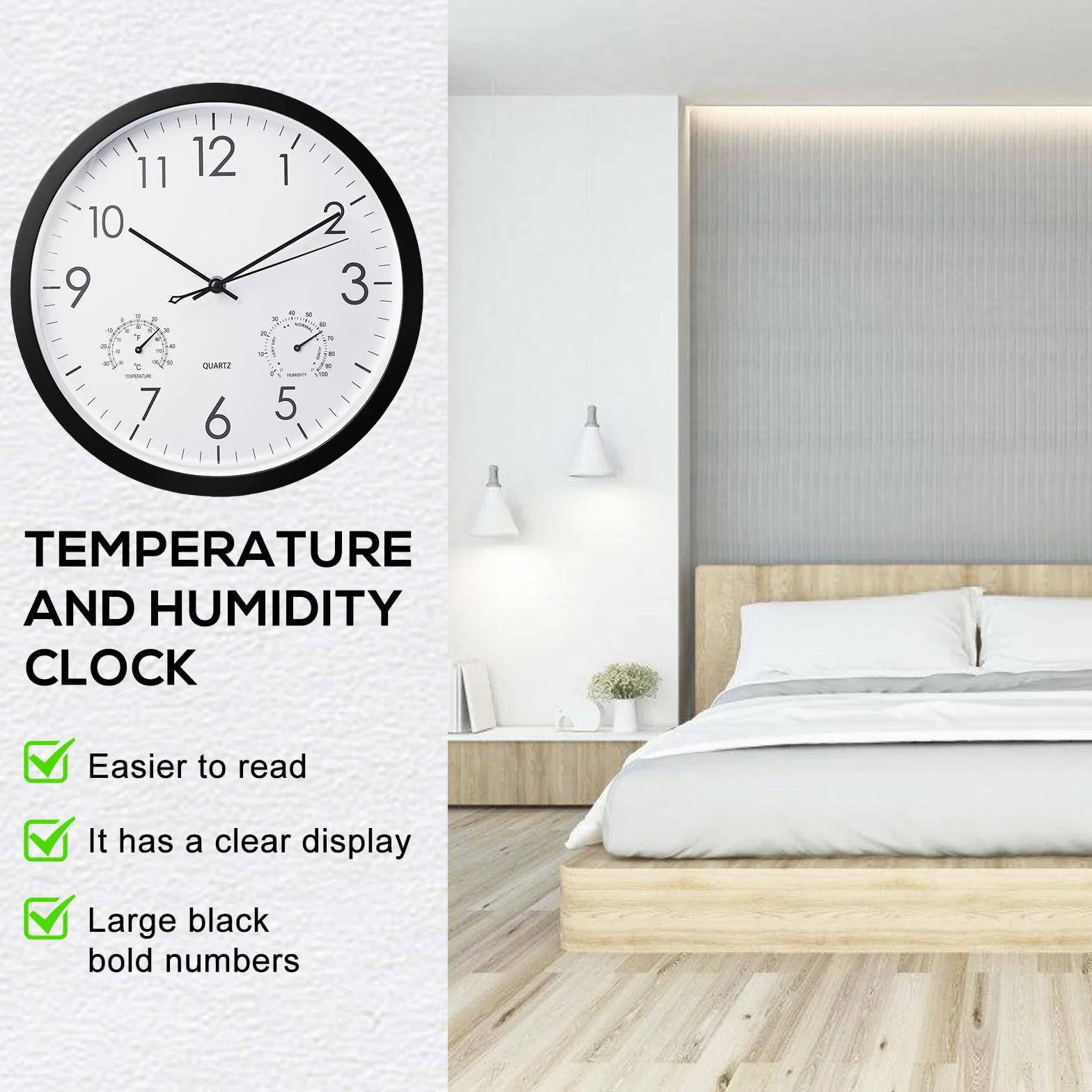 BORDEAG 12 Pulgadas Reloj De Pared, Relojes De Jardín con Termómetro Y Medidor De Humedad, Reloj De Pared Impermeable, Reloj De Jardín Exterior, para Cocina, Dormitorio, Oficina En Casa