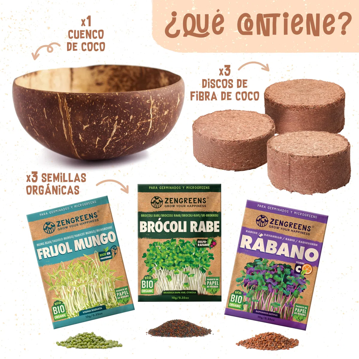 ZenGreens® Set de cultivo de microgreens eco - incl. cáscara de coco y 3 tipos de semillas - kit de germinación - alternativa a la germinador de semillas