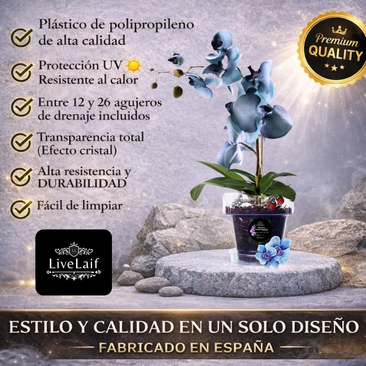 Maceta orquidea Transparente Redonda Ø17 cm + Plato | Maceta Transparente orquidea | Agujeros Drenaje, Efecto Vidrio | Maceta para orquídeas | Hecha en España-Modelos a Elegir
