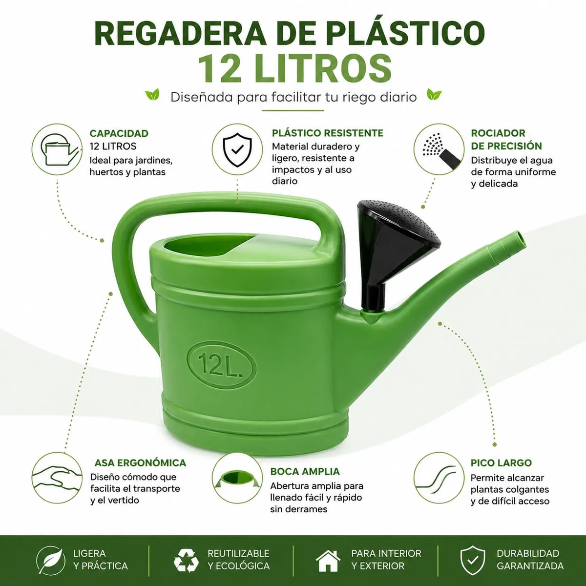 CABLEPELADO Regadera de Plástico 12 litros para Jardín y Huerto, Rociador Incluido, Asa Ergonómica, Pico Largo para Riego Preciso, Ligera y Resistente para Interior y Exterior