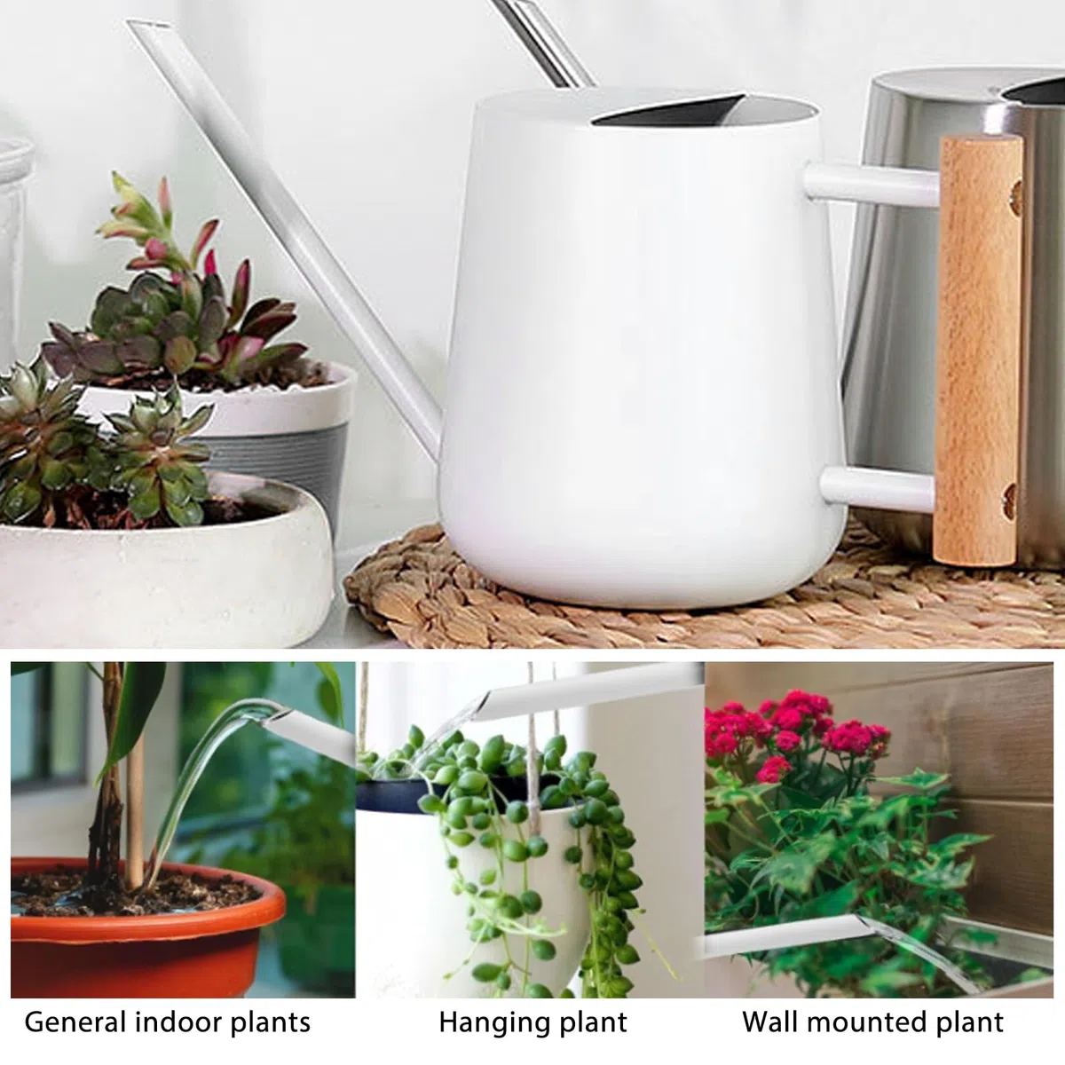 Regadera blanca para plantas de interior, 1 l, de acero inoxidable, con boquilla larga y mango de madera, para plantas suculentas, macetas y flores