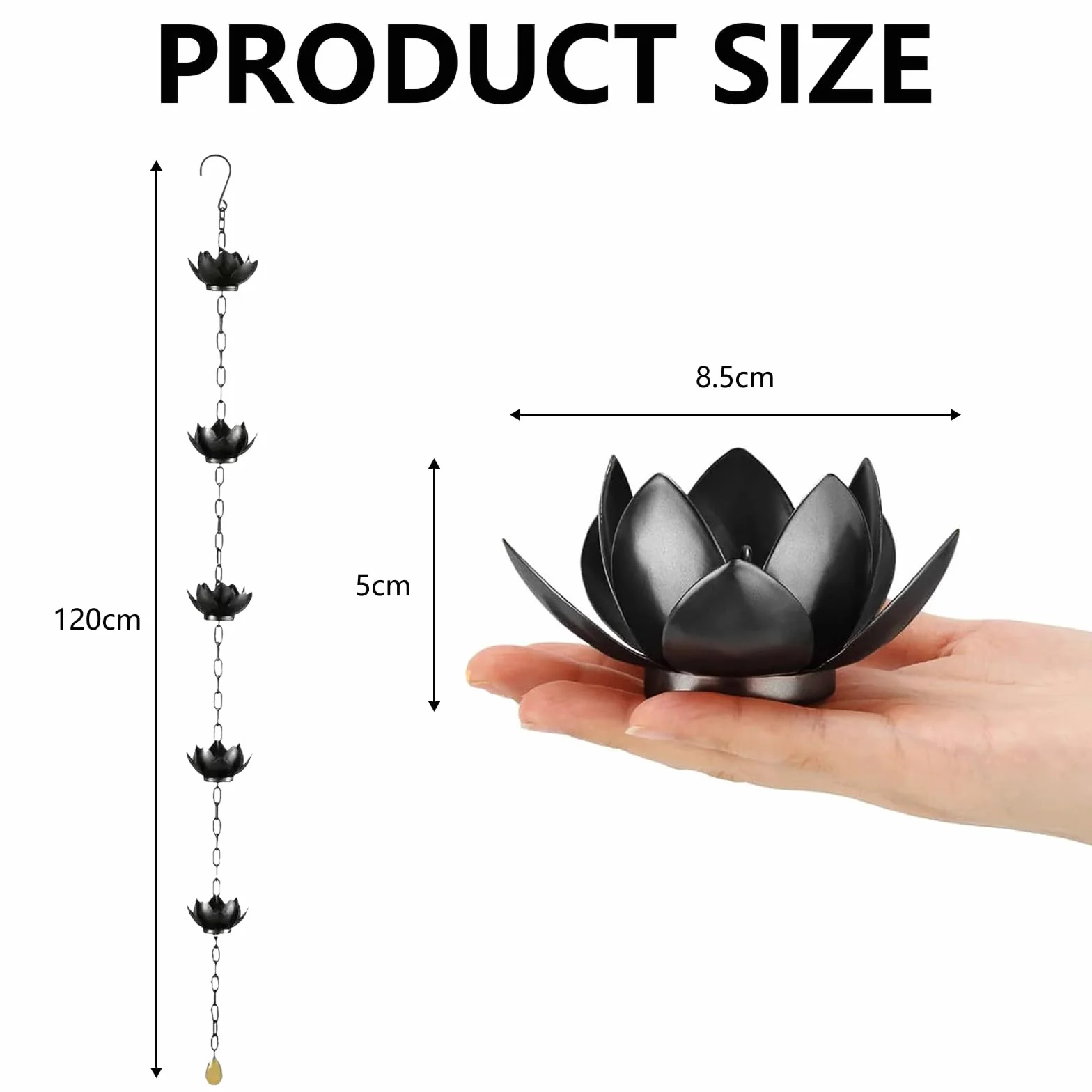 Cadena De Lluvia, 1,2 M Negra para Drenaje De Agua De Lluvia Cadena De Hierro con Forma De Loto para DecoracióN Exterior del Hogar Y JardíN Drenaje Eficiente De Agua De Lluvia