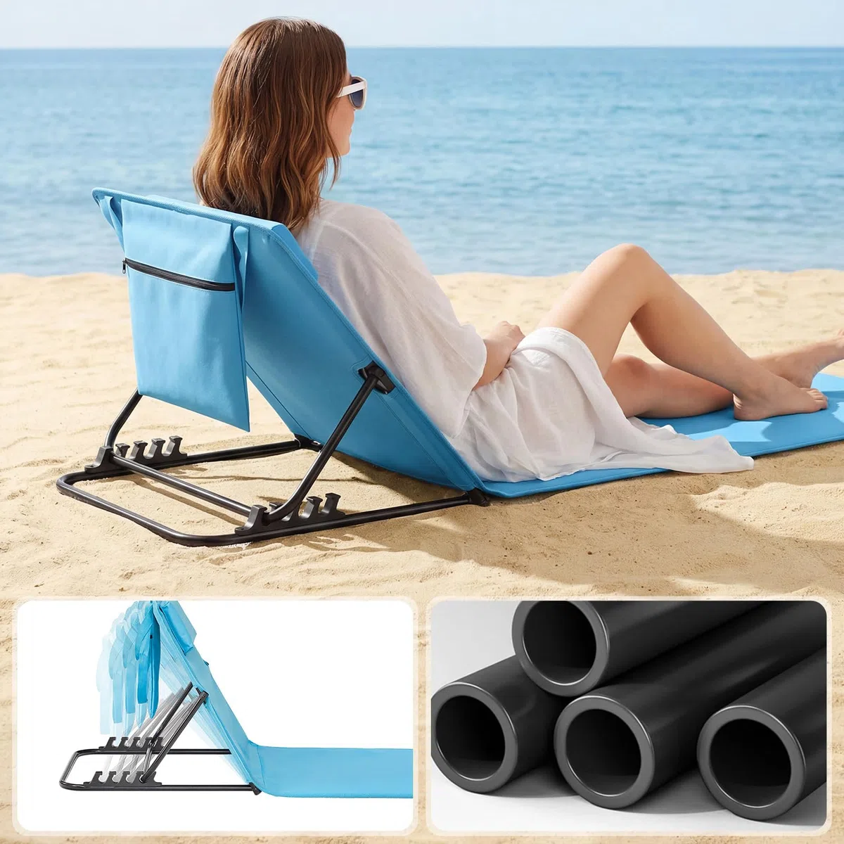 LARMNEE Tumbona de Playa con Respaldo Ajustable, Colchoneta Acolchada, Tumbona Plegable para Tomar el Sol con Almohada y Bolsa, Silla Portátil para Playa y Jardín, Tela de Oxford, Azul EBU01TY02