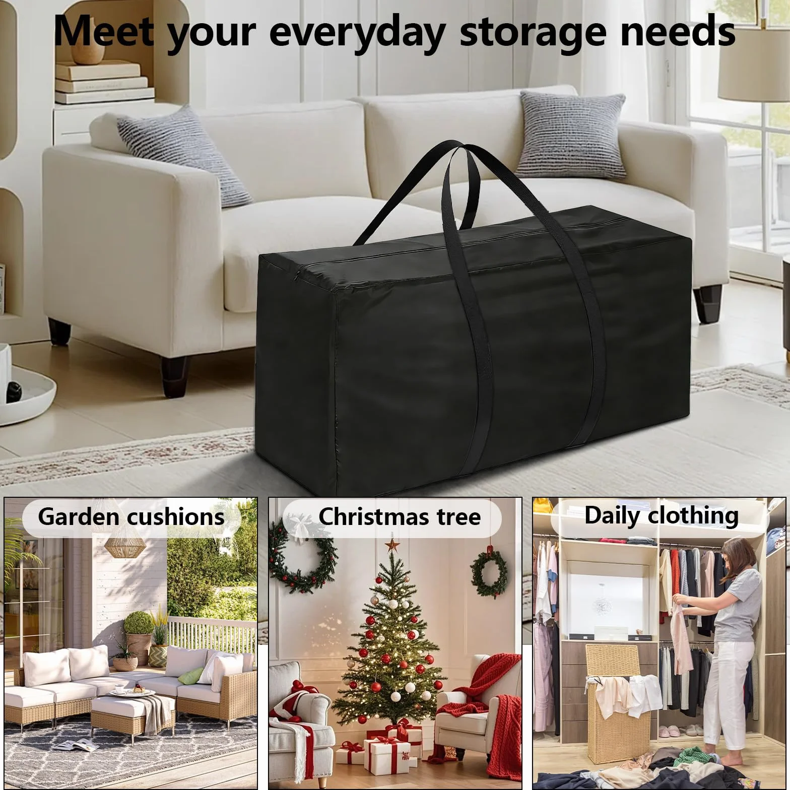 Bolsas de Almacenamiento Grandes, Bolsa de Almacenamiento Rectangular Grande, Funda Árbol Navidad Guardar, Bolsa Árbol de Navidad en Tela Oxford 210D, Resistentes, Rayos UV con Asas Negro