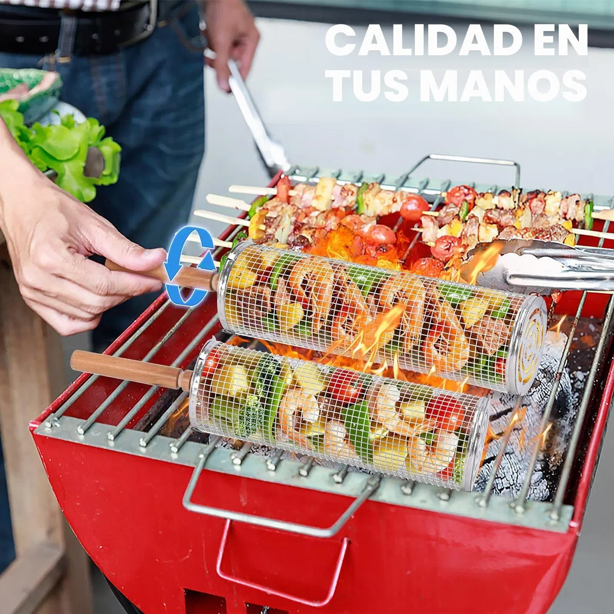 Paquete de 2 cestas rodantes para barbacoa, cesta para barbacoa de acero inoxidable con mango de madera, cesta giratoria para barbacoa, accesorios para barbacoa para acampar al aire libre