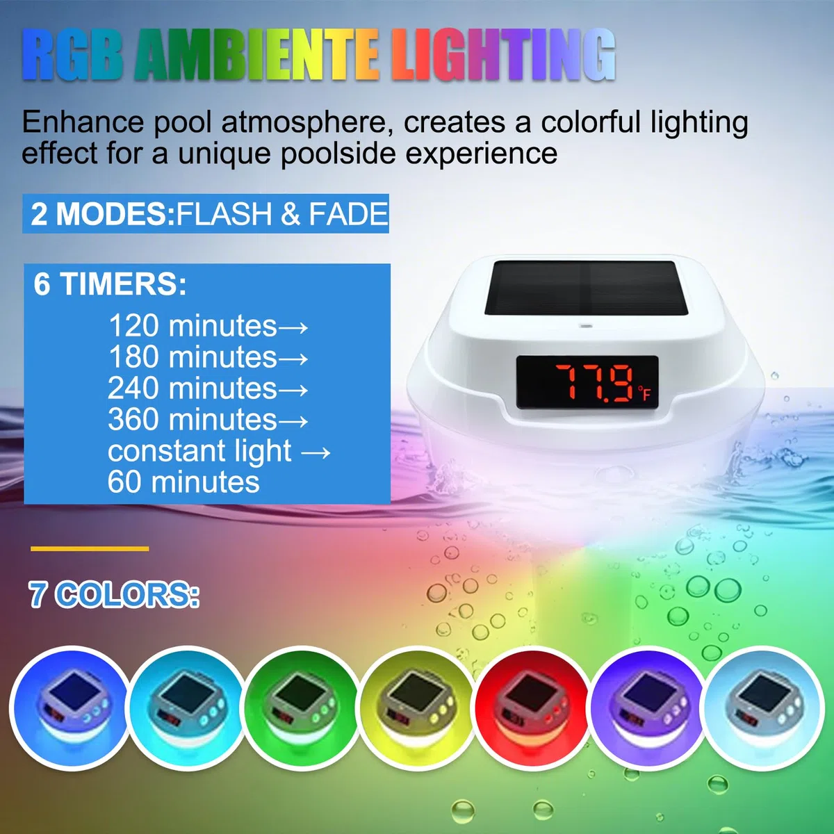 Homcocie Termómetro Piscina Solar con batería 2200 mAh y puerto tipo C, Termómetro Flotante a prueba agua IP68 con cuerda remolque, luz ambiental RGB, monitoreo preciso de temperatura agua