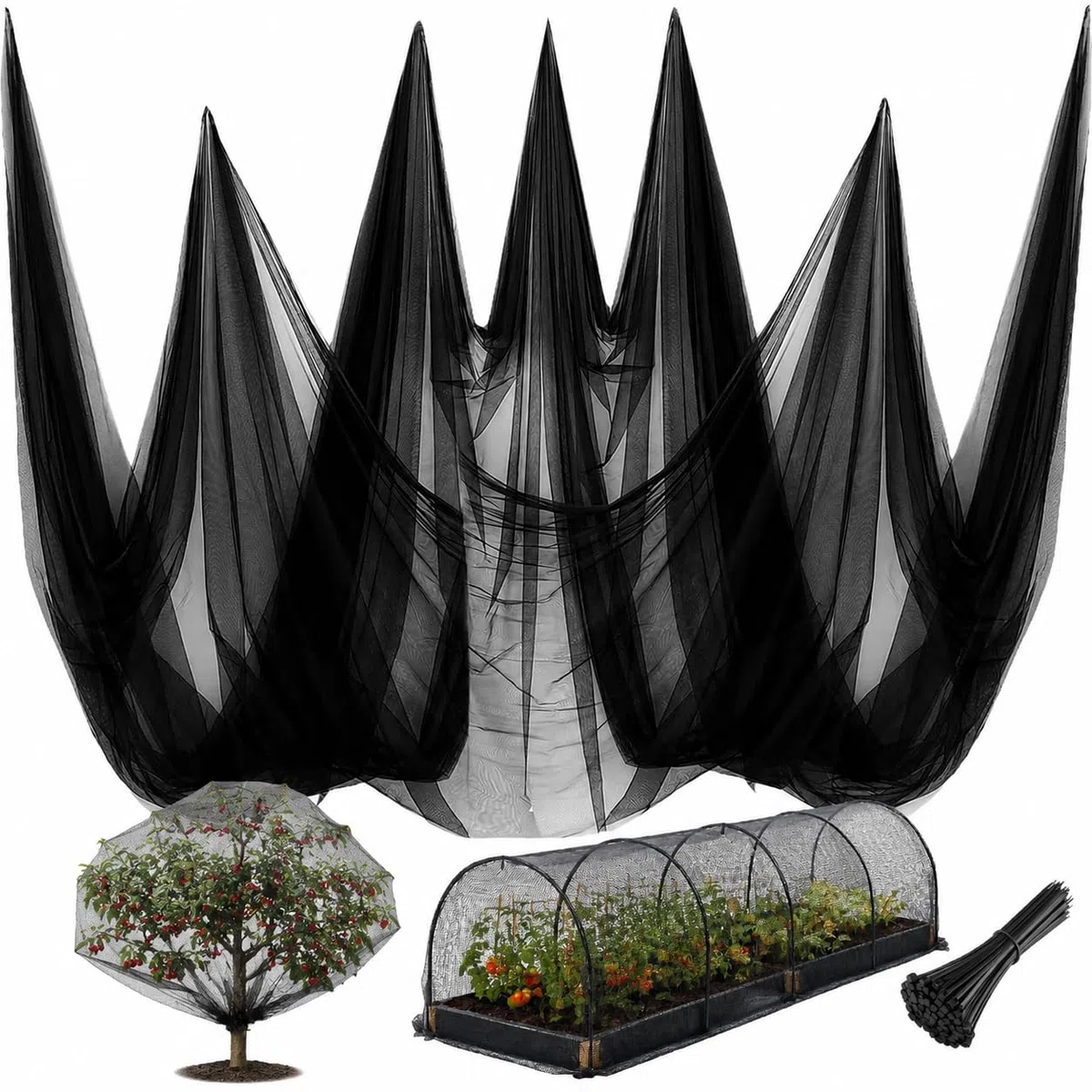 Mosquitera para Exteriores 15 x 3 m, Malla para Huerto de Poliéster con 120 Bridas, Red Protectora Vegetales para Proteger Verduras y Frutas, Protección Eficaz contra Insectos y Parásitos