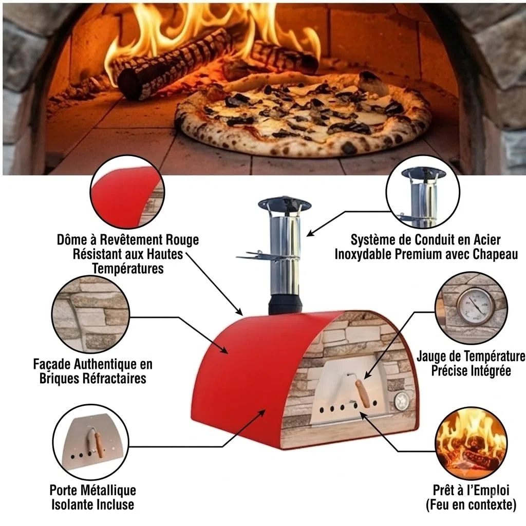 Horno de madera MAXIMUS ARENA ROJO 100cm - Un horno de madera ideal para cocinar al fuego de leña de pizza y pan tradicional- Horno portátil y exterior
