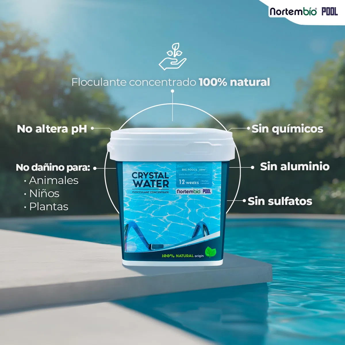 Nortembio Floculante Piscina Concentrado Clarificante Agua Turbia Piscina Grande y SPA 100% Natural Formato Ahorro Tratamiento 24 Semanas + Gratis eBook Usos y Consejos