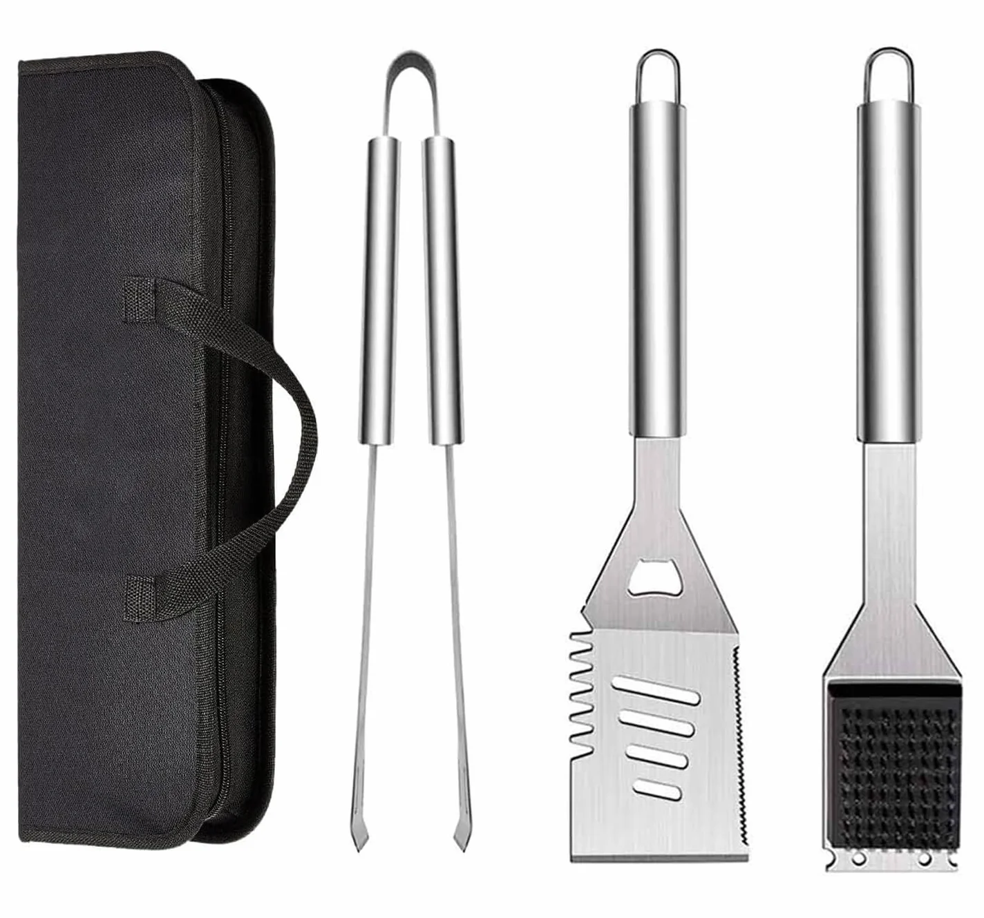 Kit de 3 herramientas para parrilla de barbacoa, utensilios de acero inoxidable con bolsa de transporte, espátula, pinzas y cepillo de limpieza