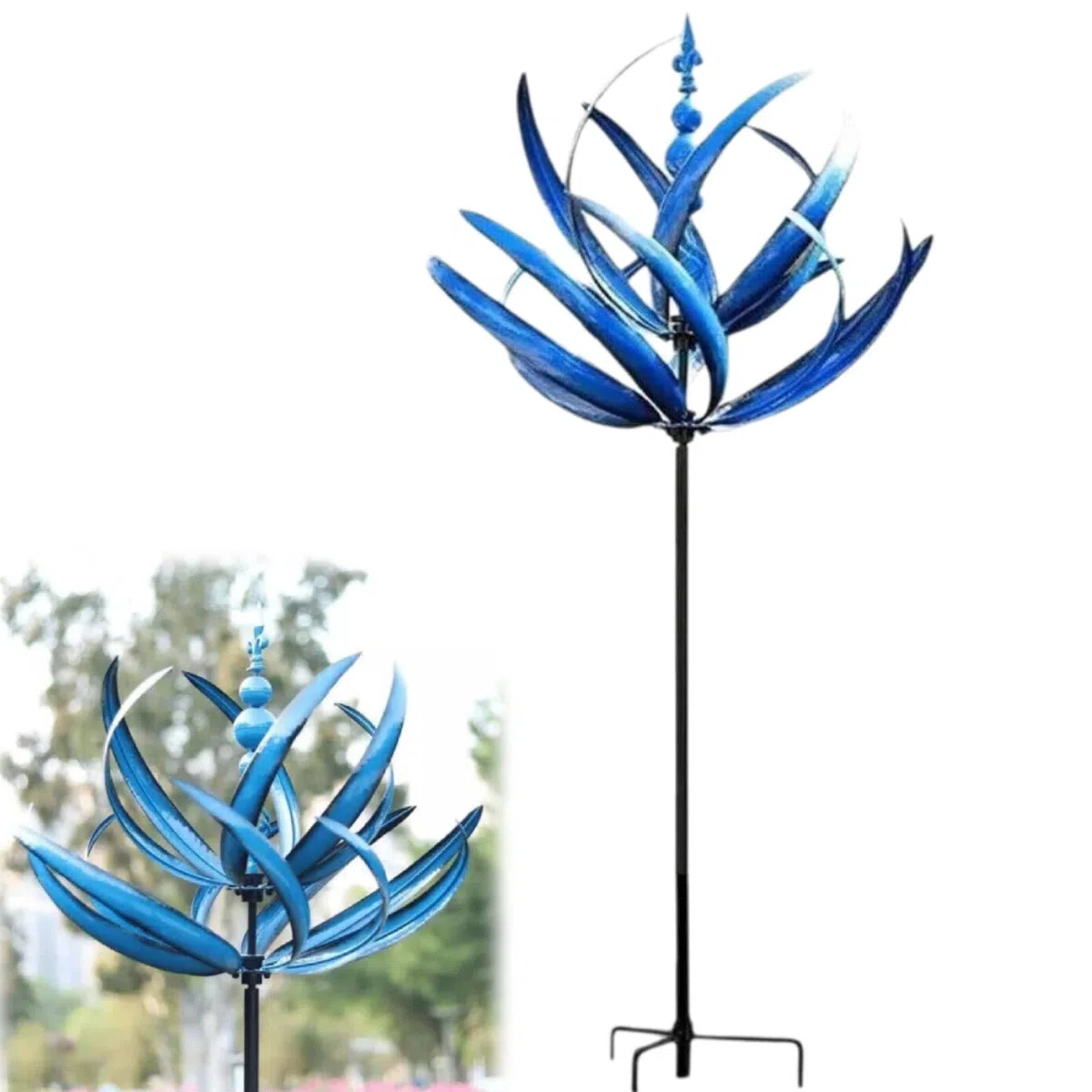 Molinillo de viento giratorio de metal con estacas de jardín, molino de viento de hierro para decoración de césped y jardín, molinillo de viento de jardín, esculturas de jardín de metal (azul)