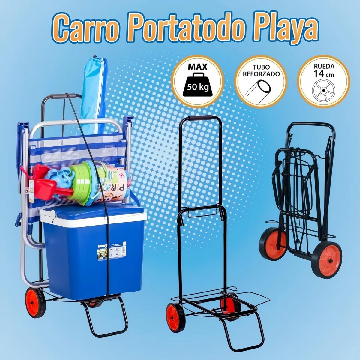 Carro Playa Plegable con Ruedas, Carrito Playa Portatodo para Nevera, Sillas y Equipaje, Resistente y Fácil de Transportar, Ideal para Playa, Camping, Compras y Viajes (Grande)