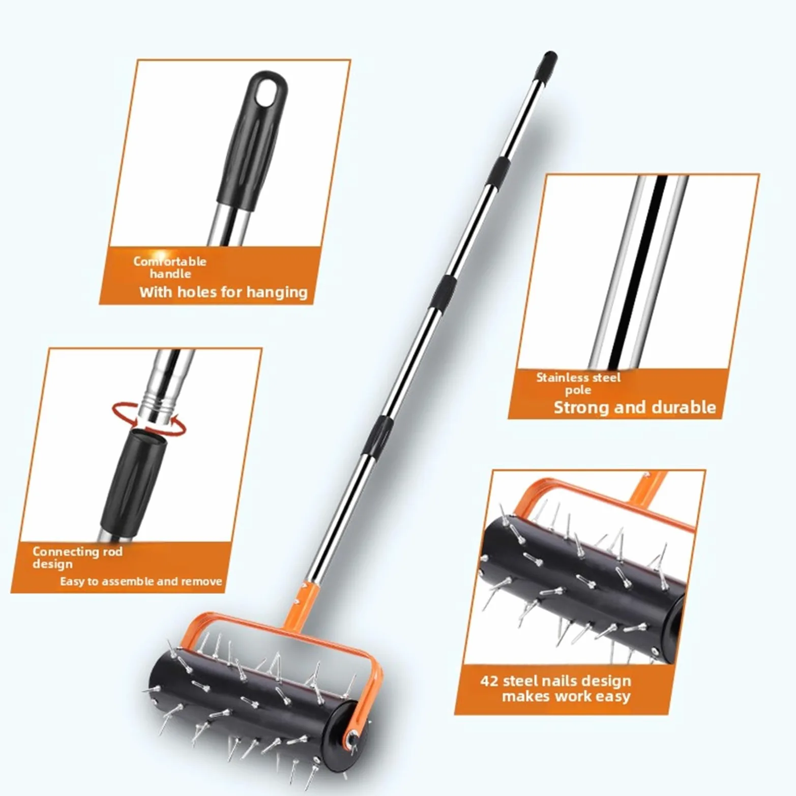 Alomejor Aireador de Césped Rodante de Acero Eficiente, 42 Púas, Ajustable, Jardín, Patio, para Jardinería Doméstica