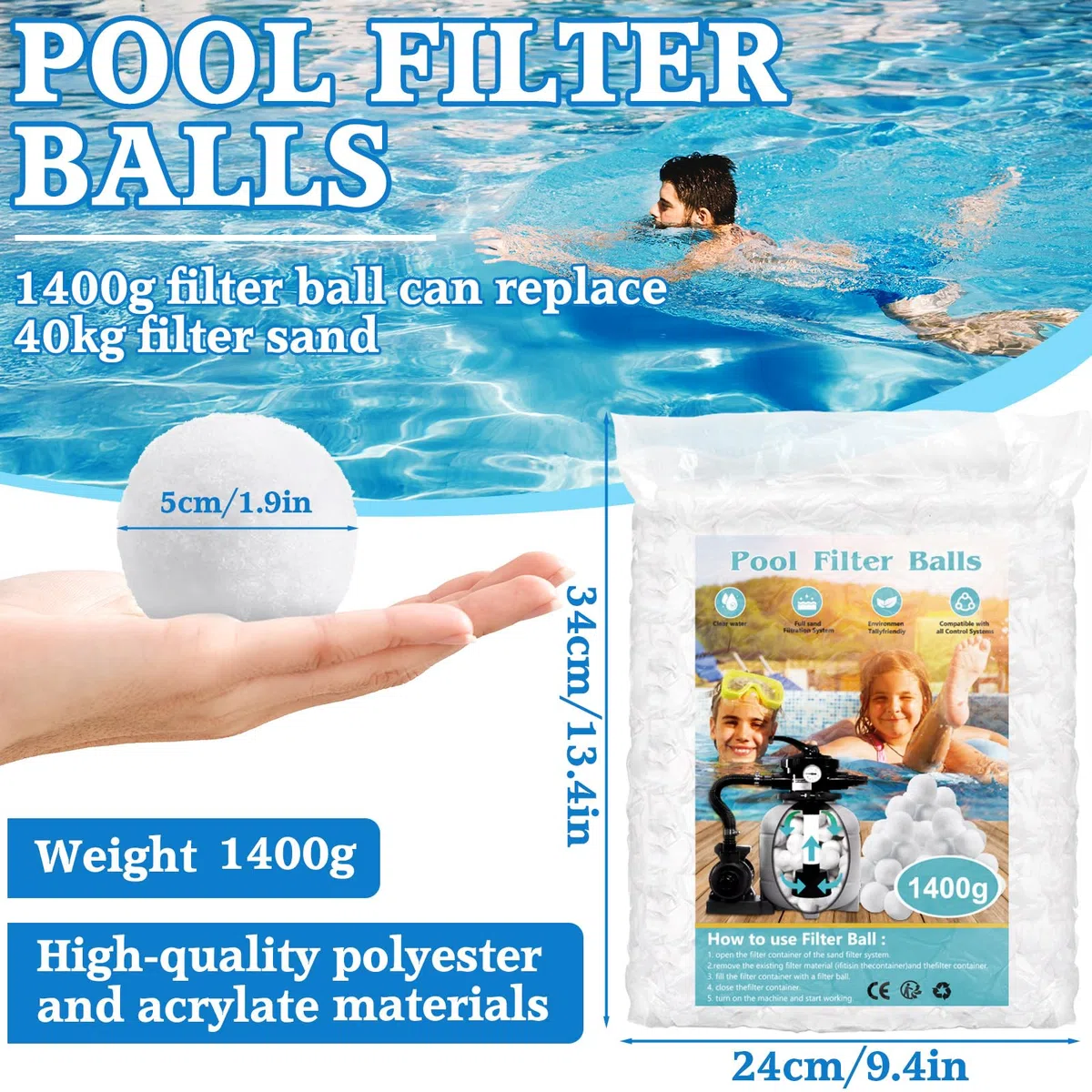 1400g Bolas Filtro Piscina, Bolas Depuradora Piscina, Bolas de Filtro de Piscina, Reemplaza 50 kg de Arena de Filtro, para Instalaciones de Filtro de Arena, Piscina, Acuarios