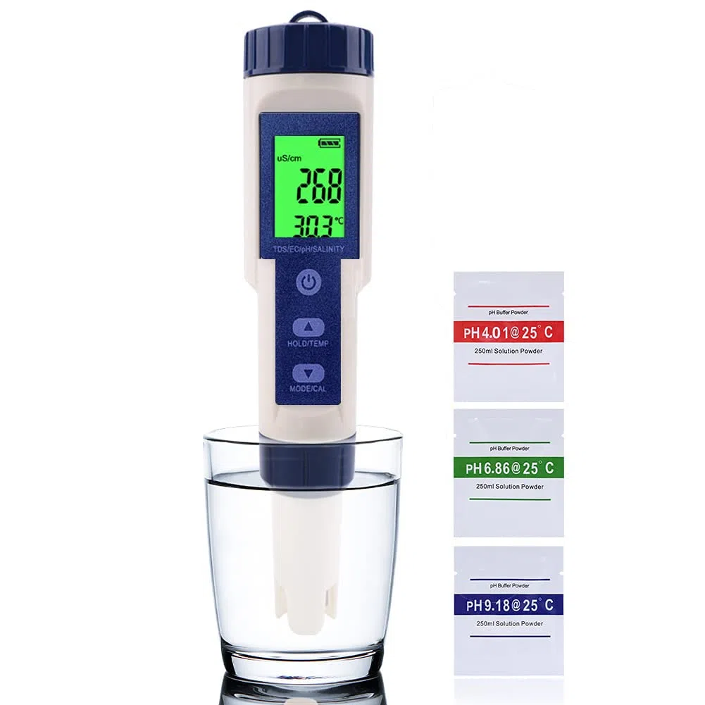 WANGCL - Probador de pH digital 5 en 1 con pantalla LCD y compensación automática de temperatura PH/TDS/EC/SALT/TEMP