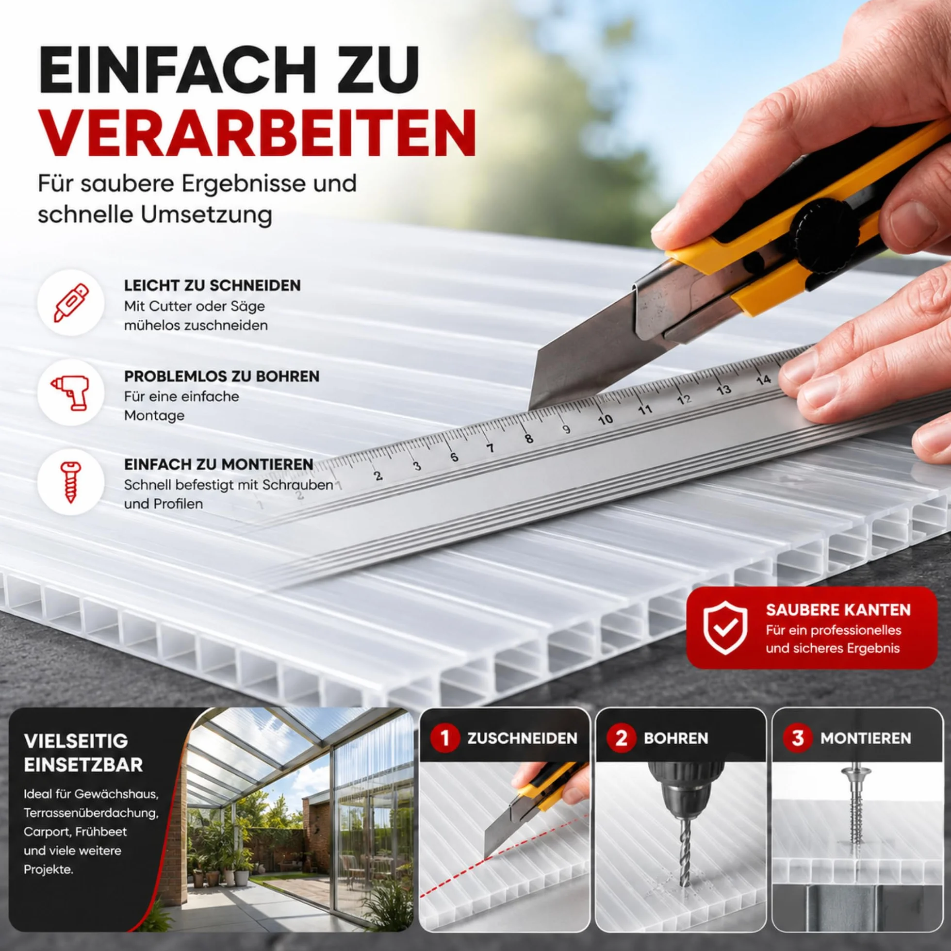 KARAT Placas alveolares de alta plasticidad para invernadero, 10,25 m², 14 unidades, 60,5 x 121 cm, planchas alveolares de policarbonato de doble pared (grosor: 6 mm)