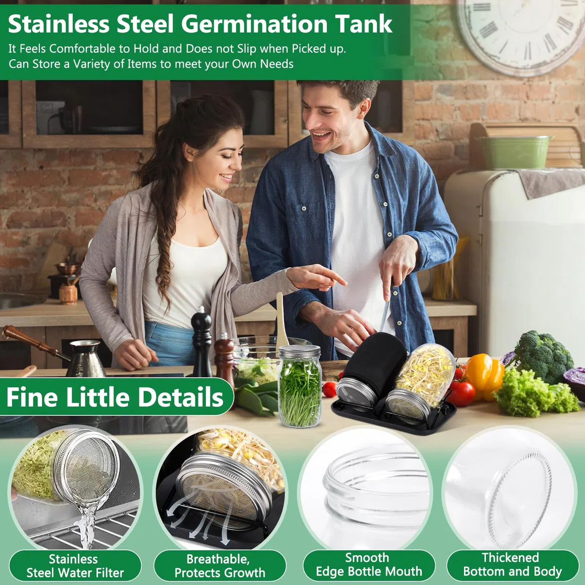 MOYKSRR Kit de Tarros de Germinación, Kit de Brote de Semilla con 2 1000ml Frascos de Vidrio, 2 Soporte, 1 Bandeja,2 Filtros de Acero Inoxidable, 2 Tela de Sombreado y Cepillo, para Cría de Brotes